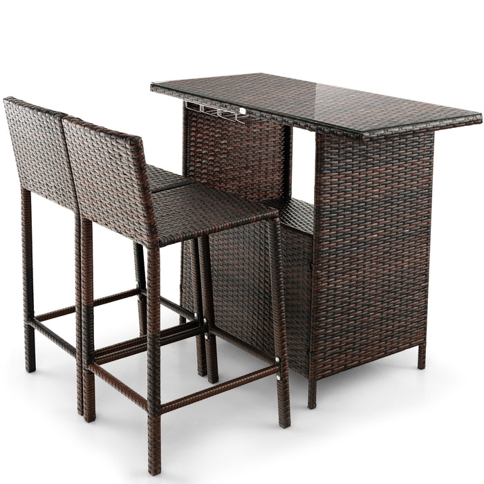 Bar Height Patio Wicker Furniture Set - 3-Piece Table and Chair Ensemble with Wine Glass Storage - Perfect for Outdoor Entertaining and Storage Solutions