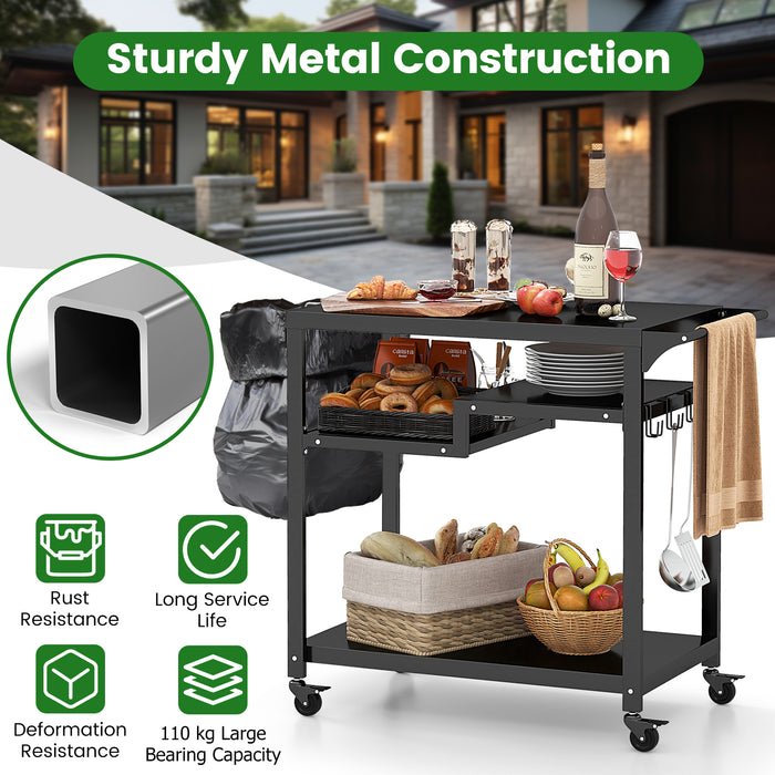 Portable Grill Cart - 3-Shelf Outdoor BBQ Stand with 4 Lockable Wheels, Hooks and Side Handle, Black - Perfect for Outdoor Cooking Enthusiasts Needing Mobility and Storage Solution