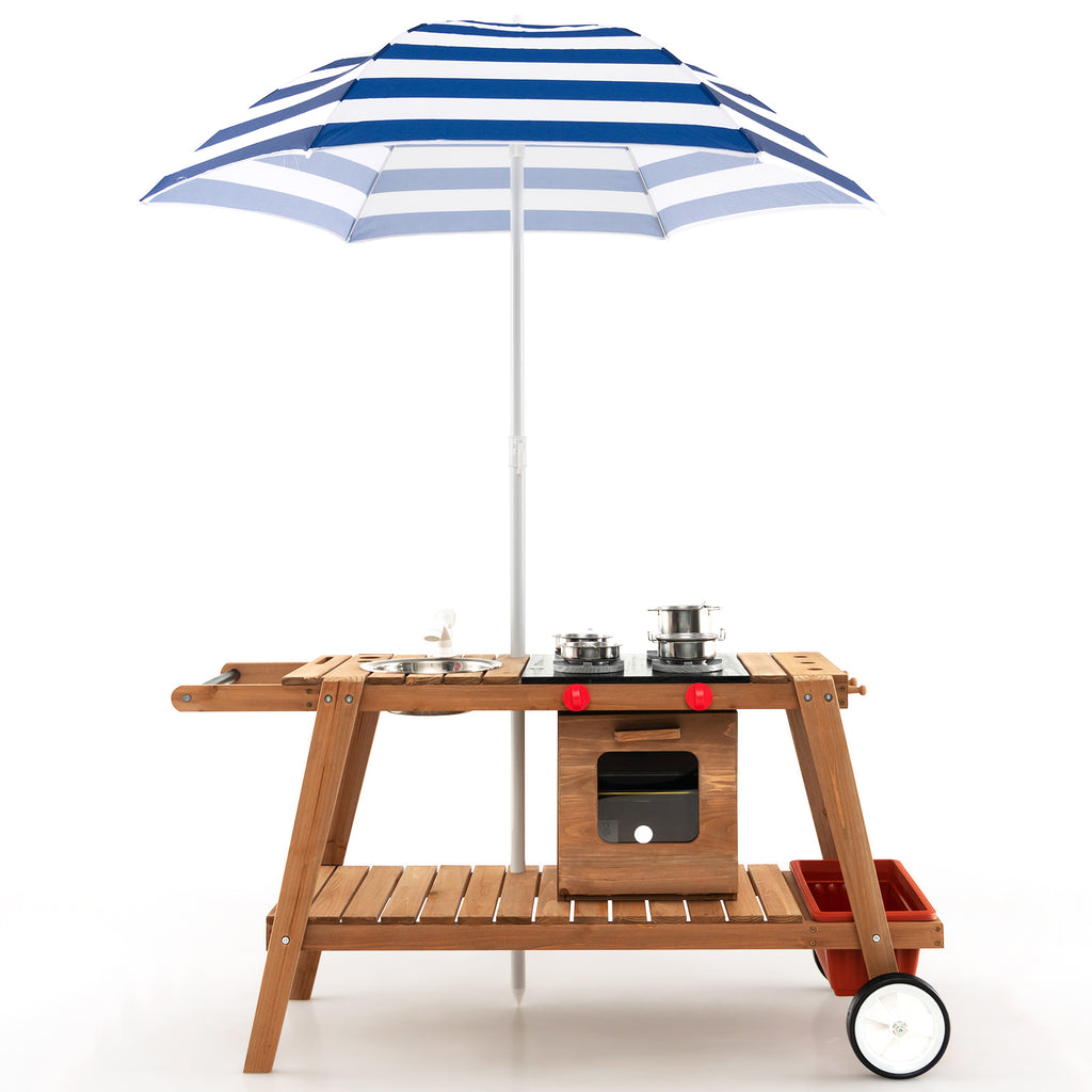 Playtime Trolley Model PTK200 - Wooden Kids Fun Cart with Blue Umbrella and Built-In Storage - Ideal For Outdoor Play and Toy Organization