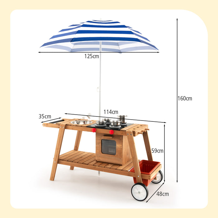 Playtime Trolley Model PTK200 - Wooden Kids Fun Cart with Blue Umbrella and Built-In Storage - Ideal For Outdoor Play and Toy Organization