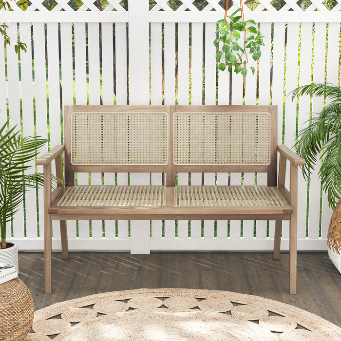 Teak Wood Rattan Bench - Outdoor Garden Bench with Armrests and Backrest - Ideal Seating Solution for Garden and Patio