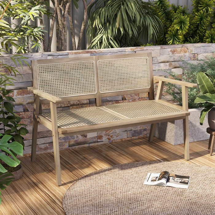 Teak Wood Rattan Bench - Outdoor Garden Bench with Armrests and Backrest - Ideal Seating Solution for Garden and Patio