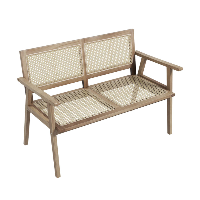 Teak Wood Rattan Bench - Outdoor Garden Bench with Armrests and Backrest - Ideal Seating Solution for Garden and Patio