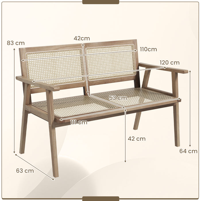 Teak Wood Rattan Bench - Outdoor Garden Bench with Armrests and Backrest - Ideal Seating Solution for Garden and Patio