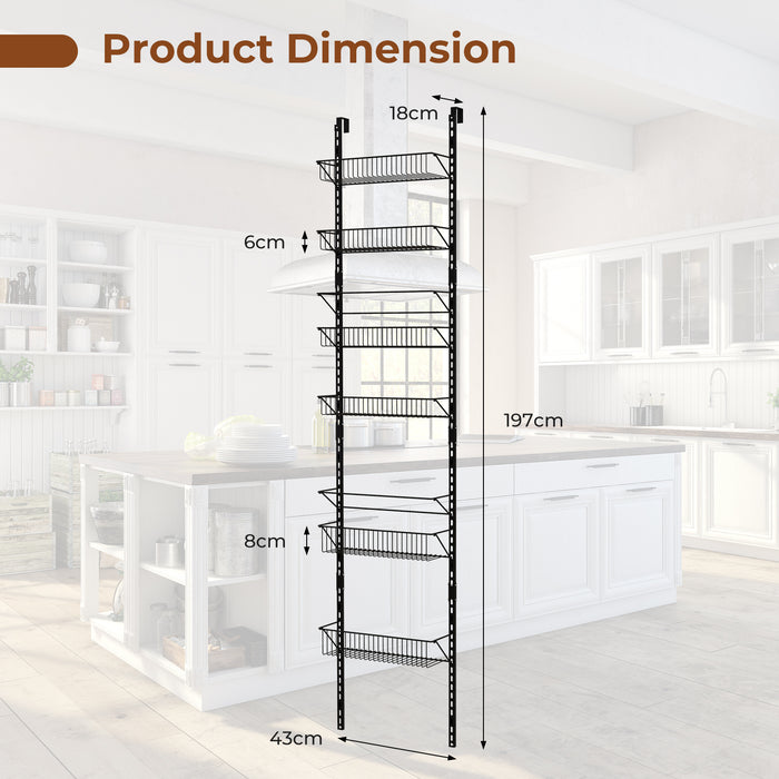 Door-Back Pantry Organizer - Metal Wire Baskets, Additional Hooks - Space-Saving Kitchen Storage Solution