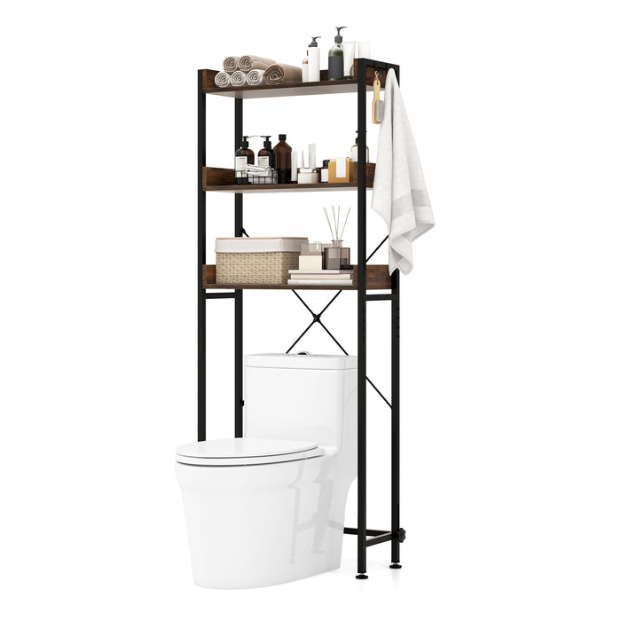 3-Tier Storage Rack - Over The Toilet Organizer with 4 Hooks and Adjustable Bottom Bar in White - Ideal for Bathroom Space Optimization