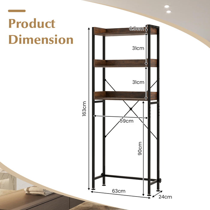 3-Tier Storage Rack - Over The Toilet Organizer with 4 Hooks and Adjustable Bottom Bar in White - Ideal for Bathroom Space Optimization