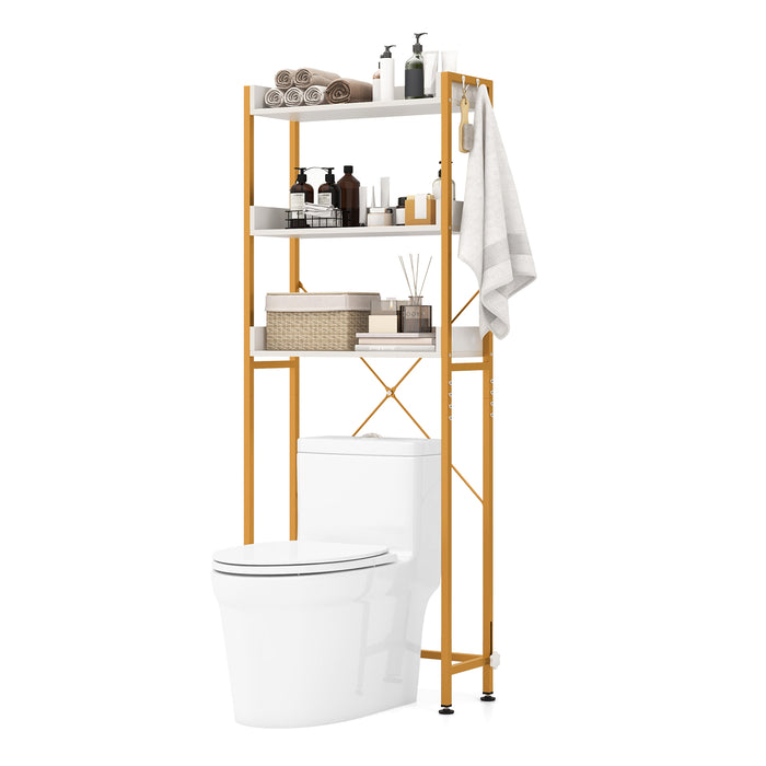3-Tier Storage Rack - Over The Toilet Organizer with 4 Hooks and Adjustable Bottom Bar in White - Ideal for Bathroom Space Optimization