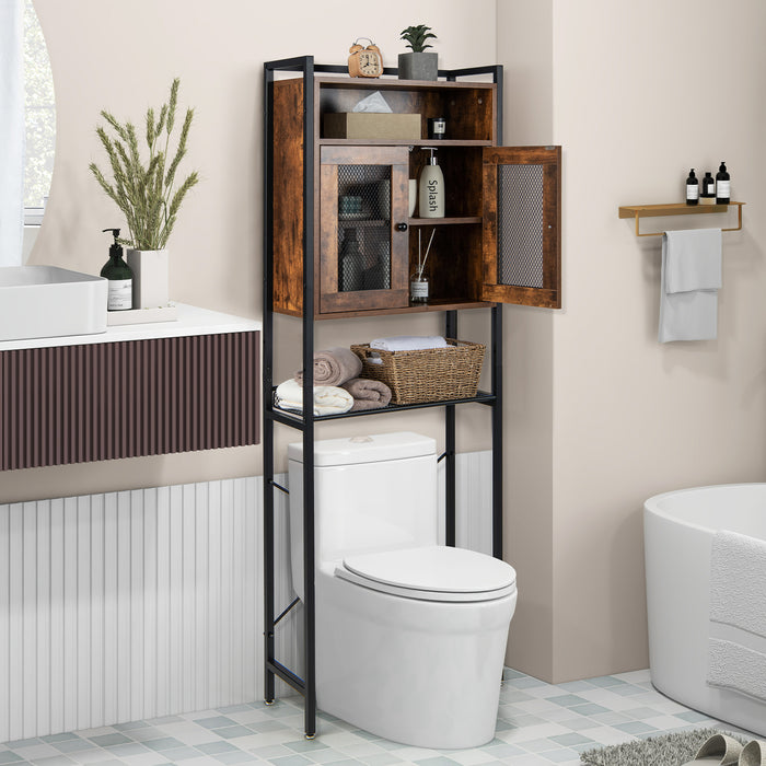 Heavy-Duty Metal Frame Over-the-Toilet Storage Cabinet - Rustic Brown Aesthetic Design - Ideal Space-Saving Solution for Small Bathrooms