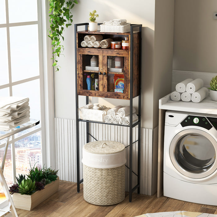 Heavy-Duty Metal Frame Over-the-Toilet Storage Cabinet - Rustic Brown Aesthetic Design - Ideal Space-Saving Solution for Small Bathrooms