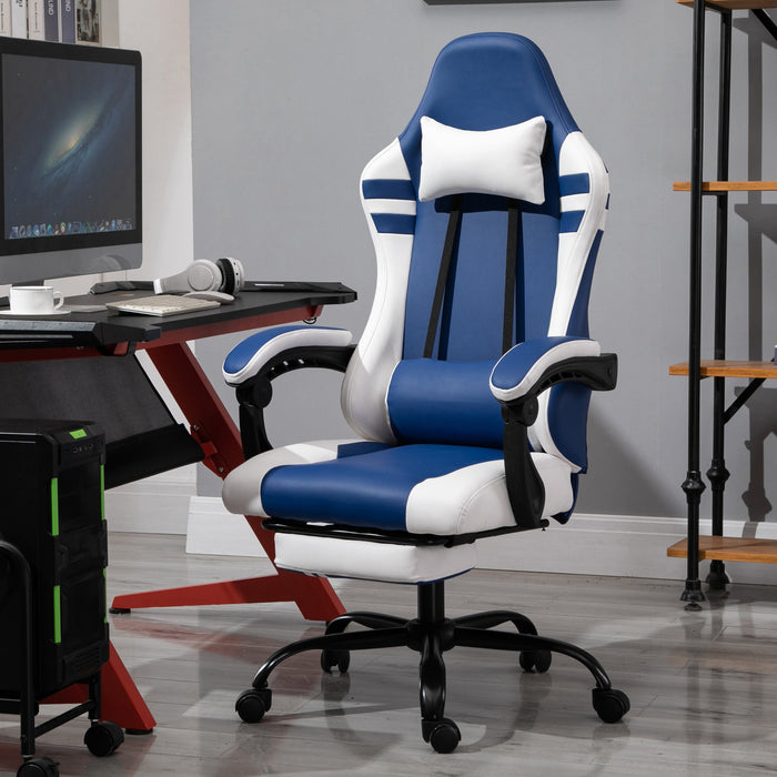 Ergonomic PU Leather Racing Chair - High-Back Gaming Chair with Headrest, Footrest & Adjustable Height - Comfortable Recliner for Gamers, Blue & White Design