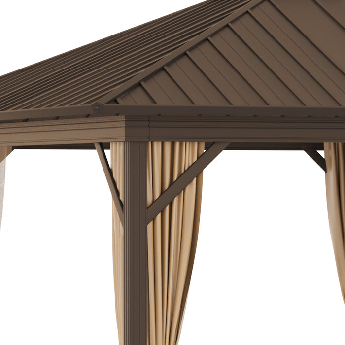 Outdoor Hardtop Gazebo 3.6x3m - Metal Roof Aluminum Frame with Mesh Nettings and Curtains, Brown - Spacious Patio Shelter for Garden Entertaining