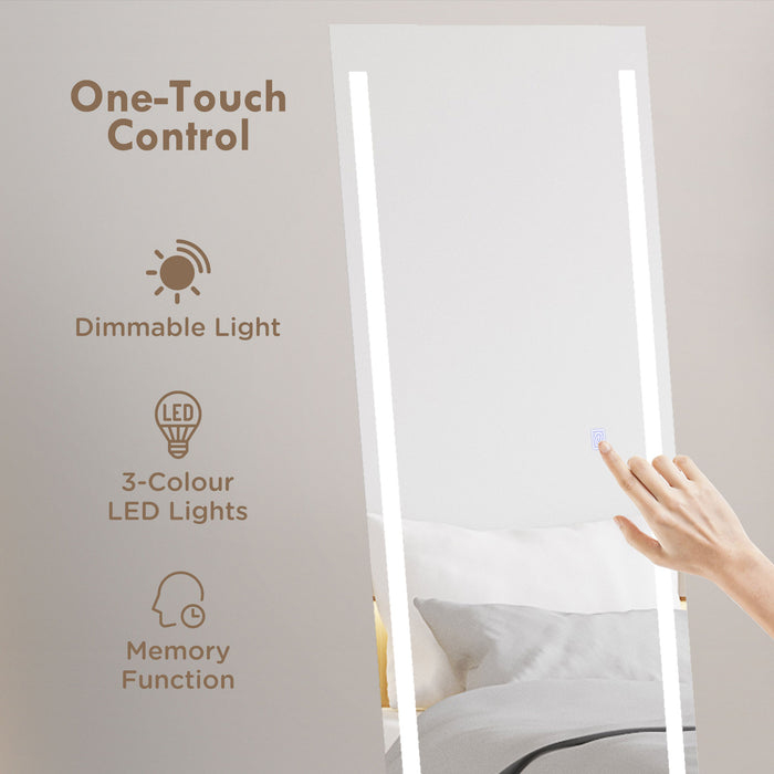 LED-Lit Standing Dressing Mirror - Bedroom Wall Mirror with Dimmable & 3-Color Lighting Options - Ideal for Fashion Enthusiasts & Space-Saving Design