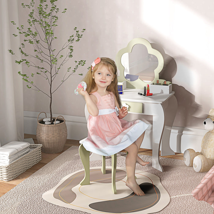Kids Flower Vanity Set - Mirror, Stool, Drawer & Storage Boxes for Beauty Play - Perfect for Ages 3-6, White Design