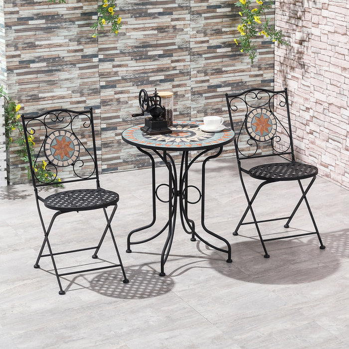 3-Piece Metal Garden Bistro Set with Mosaic Tabletop - Folding Chairs & Round Table for Outdoor Use - Ideal for Balcony & Poolside, Light Blue