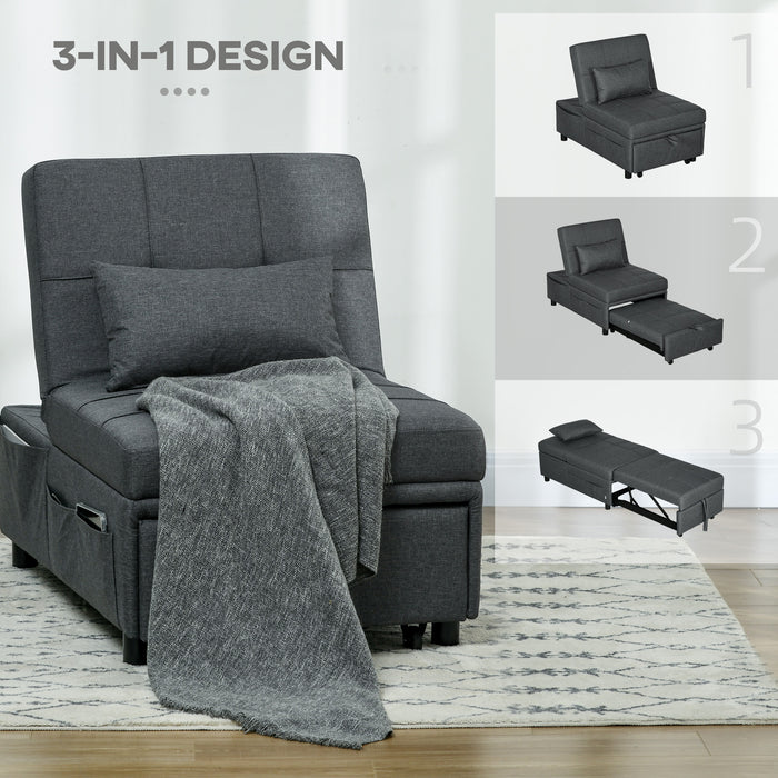 3-in-1 Convertible Sleeper Chair Bed with Padding - Adjustable Recliner, Wheels and Pillow, Grey - Perfect for Small Spaces and Guest Rooms