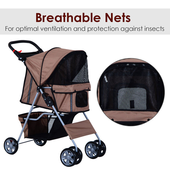 Foldable Pet Stroller for Dogs - Wheeled Dog Pushchair with Zipper Entry, Cup Holder, and Storage Basket - Convenient Travel and Outdoor Use for Pets
