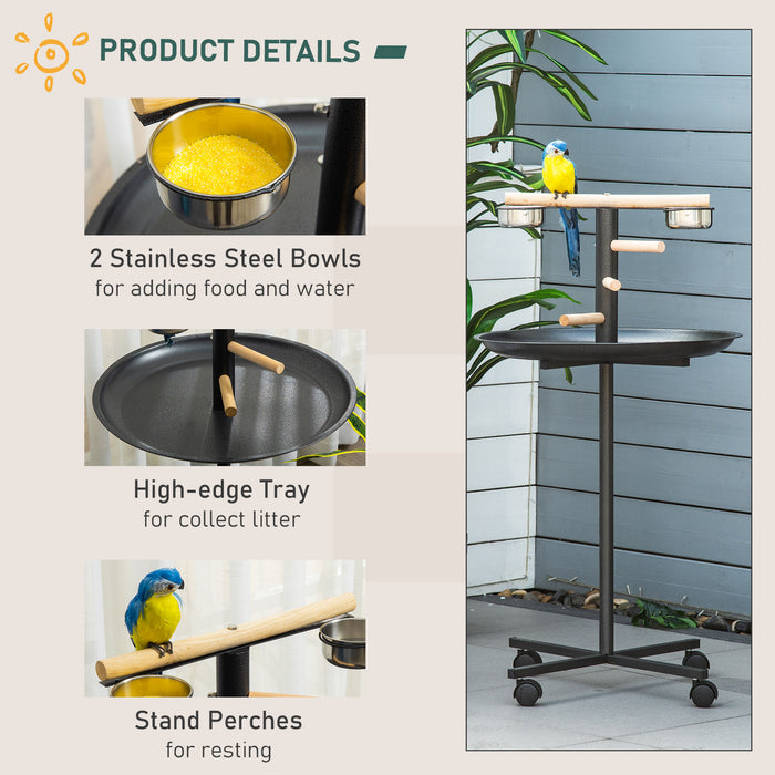 Deluxe Metal Bird Play Stand - Wheeled Feeder Station with Perch and Feeding Bowls - Ideal for Parrots and Other Pet Birds