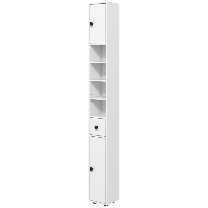 180cm High Narrow Bathroom Cabinet - Slim Toilet Roll Organizer with Open Shelving & Dual-Door Compartments - Adjustable Storage Solution for Bathrooms & Kitchens, Elegant White Design