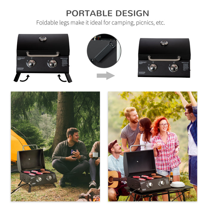 Portable 2-Burner Gas Grill with Folding Legs - Outdoor Tabletop BBQ, Built-in Thermometer, Durable Carbon Steel Construction - Perfect for Patio, Camping & Tailgating