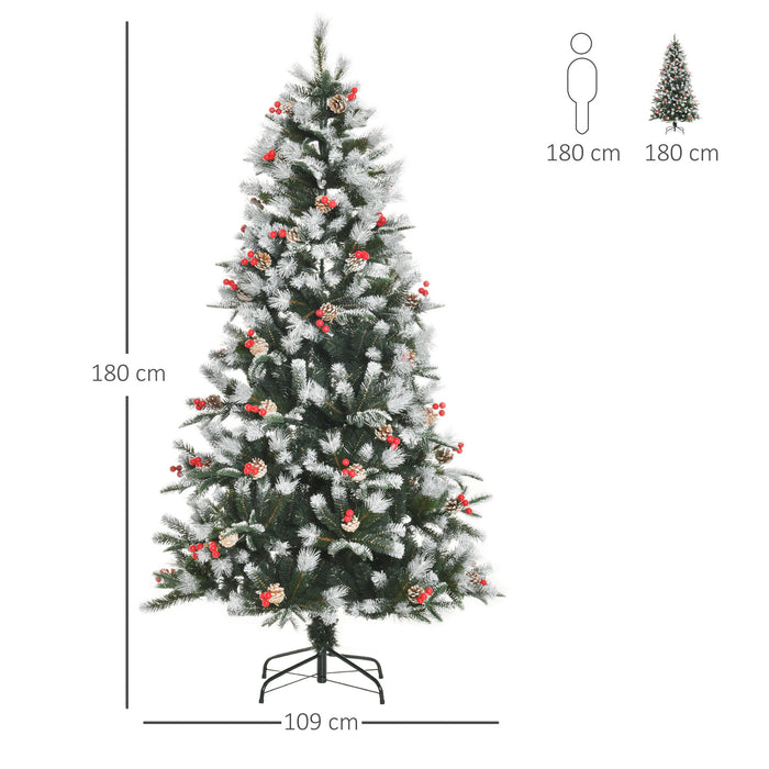 6ft Artificial Snow-Dipped Pencil Christmas Tree - Xmas Holiday Decor with Red Berries & White Pinecones, Foldable Base - Ideal for Home & Party Festivities