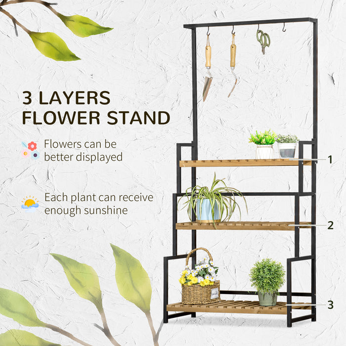 3-Tier Plant Display Stand with Hanging Hooks - Sturdy Flower Rack for Indoor & Outdoor Use - Perfect for Porch, Balcony, Living Room, and Bedroom Decoration