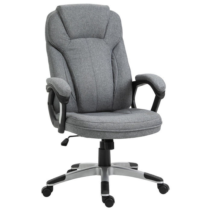 Height Adjustable Grey Linen Fabric Swivel Chair - Ergonomic Home Office Computer Chair with Padded Armrests and Tilt Function - Comfortable Seating for Work and Study