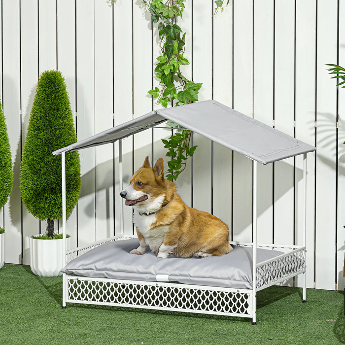 Elevated Pet Lounger with Water-Resistant Canopy - Comfy Raised Dog Bed with Soft Cushion for Indoor/Outdoor Use - Ideal for Small to Medium Dogs Seeking Shade & Comfort