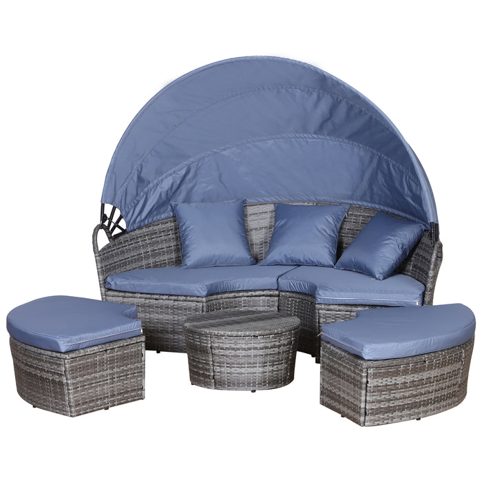 6-Seater Rattan Sofa Bed with Coffee Table - Cushioned Wicker Round Outdoor Lounging Set - Ideal Patio Conversation Furniture for Garden and Relaxation