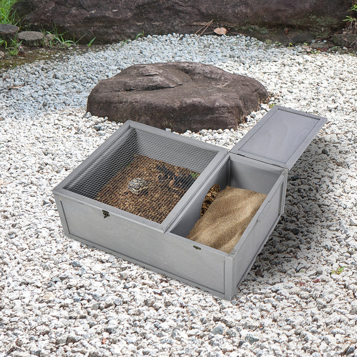 Wooden Tortoise House - 94 cm Small Reptile Habitat Cage with Dual Rooms, Grey - Ideal for Turtles and Small Reptiles