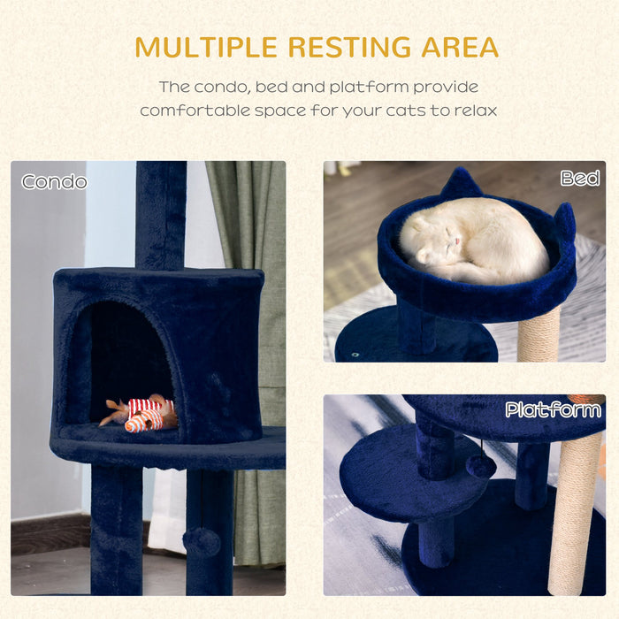 3-Tier Cat Scratching Post with Sisal Rope and Dangling Toy - Sturdy Blue Kitten Activity Tower - Ideal for Feline Scratching, Climbing, and Playing
