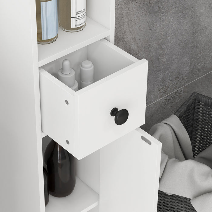 180cm High Narrow Bathroom Cabinet - Slim Toilet Roll Organizer with Open Shelving & Dual-Door Compartments - Adjustable Storage Solution for Bathrooms & Kitchens, Elegant White Design