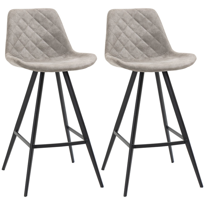 Vintage Microfiber Bar Stools, Set of 2 - Padded Tub Seats with Quilted Design and Steel Frame, with Footrest - Ideal for Home Bar, Cafe, or Kitchen Seating in Stylish Grey