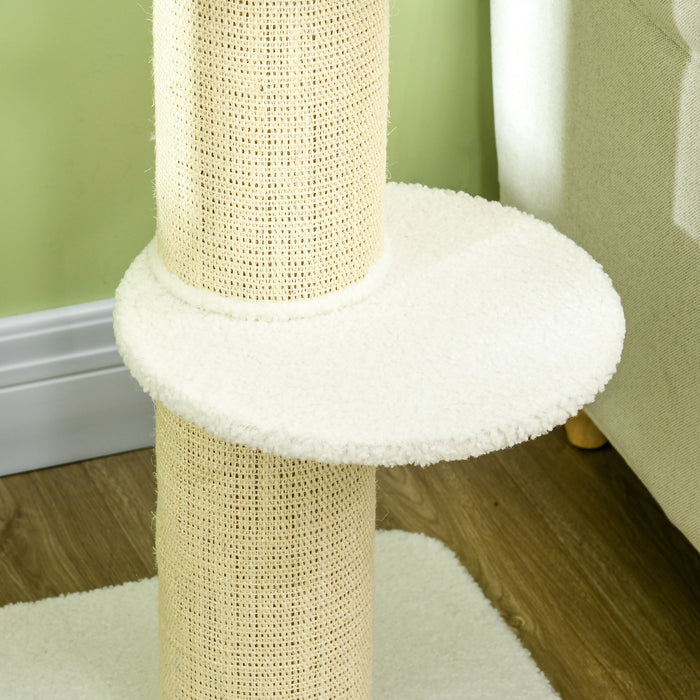2-Tier Sisal-Sherpa Cat Tree with Basket and Cushioned Sisal Post - Cream White Cozy Pet Furniture - Ideal for Scratching, Lounging, and Entertainment for Your Feline Friends