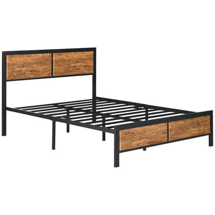Industrial Double Bed Frame - 5FT Steel Frame with Slatted Support, Headboard & Footboard - Rustic Brown Design with Extra Under-Bed Storage Space