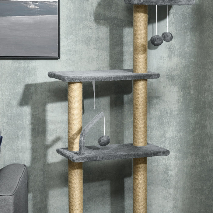 6-Tier Play Tower Climbing Activity Center - Durable Floor to Ceiling Cat Tree with Scratching Post, Hammock, Adjustable Height 230-250cm - Ideal for Feline Play and Relaxation in Grey