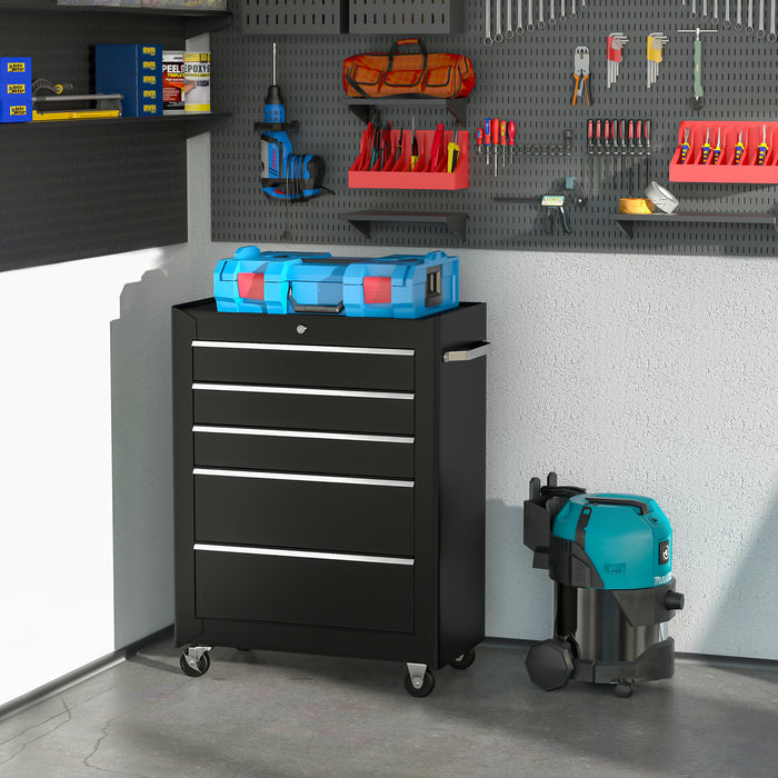 HOMCOM Heavy-Duty Tool Chest - 5-Drawer Steel Storage Cabinet, Black - Ideal for Workshop Organization and Tool Safety