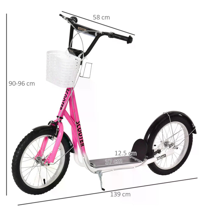 Kids Kick Scooter - Adjustable Handlebar, Dual Brakes, Basket, Cupholder, Mudguard, 16" Inflatable Rubber Tires in Pink - Fun and Safe Ride for Children and Teens