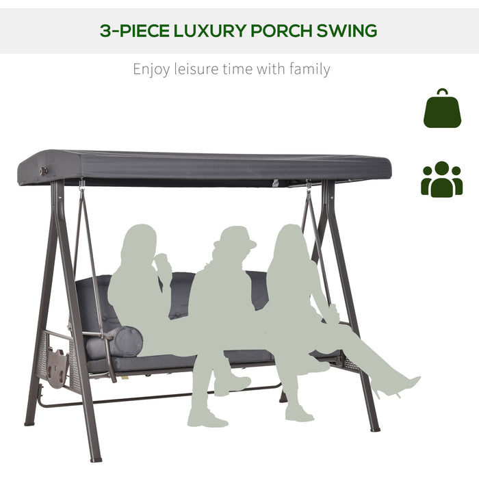 3-Seater Garden Swing Chair - Adjustable Canopy Outdoor Hammock Bench with Cushions & Cup Trays, Steel Frame in Dark Grey - Perfect for Patio Relaxation and Entertainment