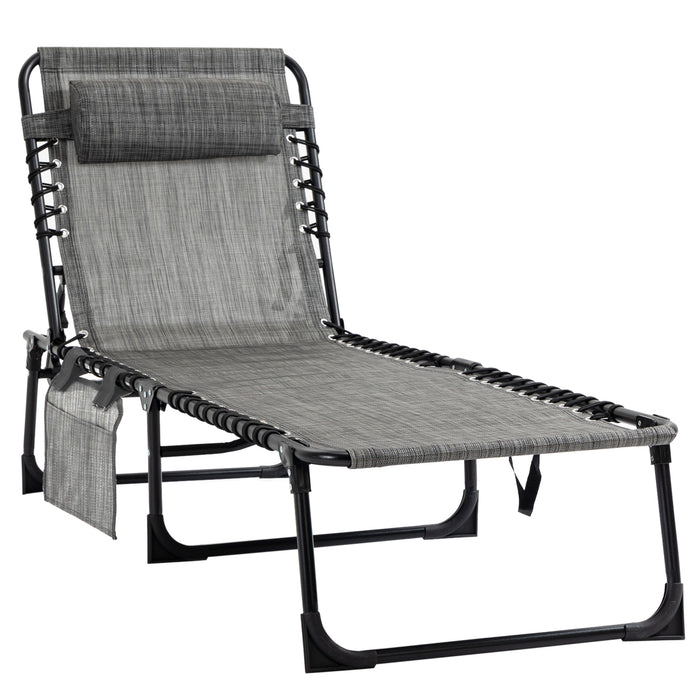 Reclining Sun Lounger with Pillow - Adjustable 5-Position Backrest, Folding Camp Bed Cot in Mixed Grey - Perfect for Outdoor Relaxation and Sunbathing