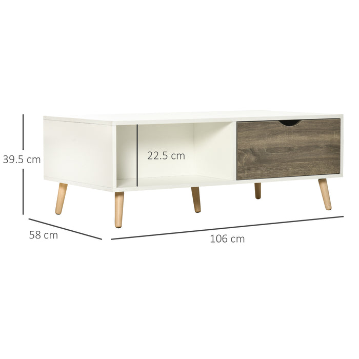 Modern White Coffee Table with Storage -  Open Shelves, Dual Drawers, Solid Wood Legs - Elegant Centerpiece for Living Room or Bedroom