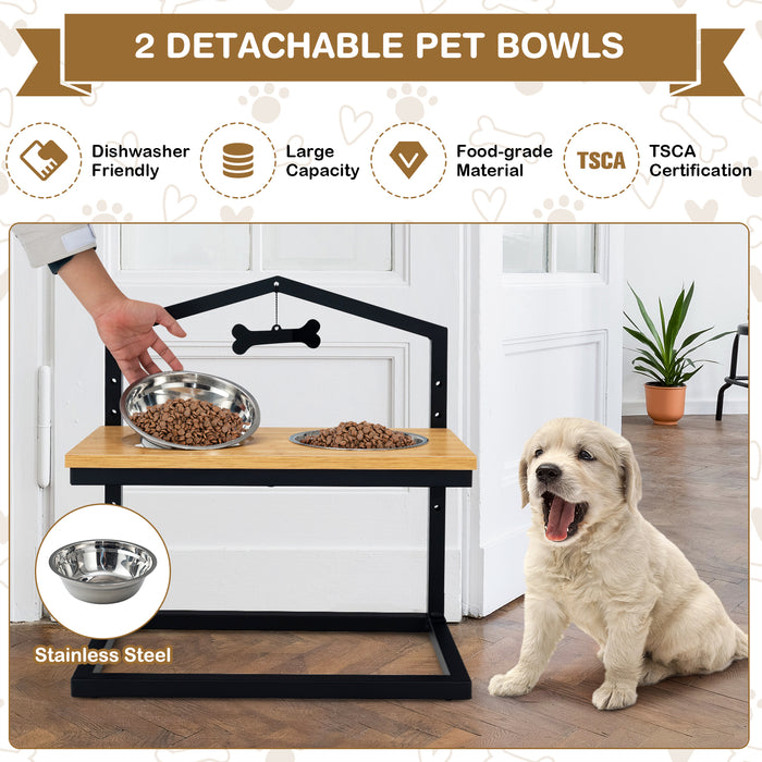Pet Feeding Solutions - Elevated Pet Feeder with Two Detachable Stainless Steel Bowls in Natural Wood Design - Ideal for Dogs and Cats for Healthier Digestion and Feeding Convenience