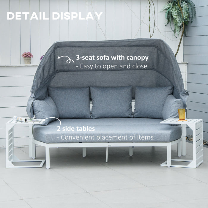 Aluminum Patio Lounge Bed Set with Canopy - 4-Piece Outdoor Garden Sofa with Padded Cushions & Side Tables - Elegant White Furniture for Patio Comfort