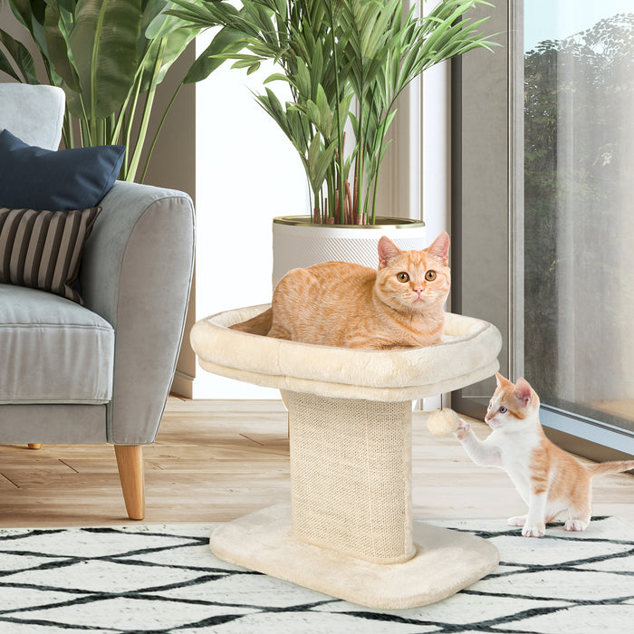 2-Tier Cat Tree - Sleeping Perch, Sisal Scratching Plate, Ball Toy in Beige - Ideal for Cats to Rest and Play