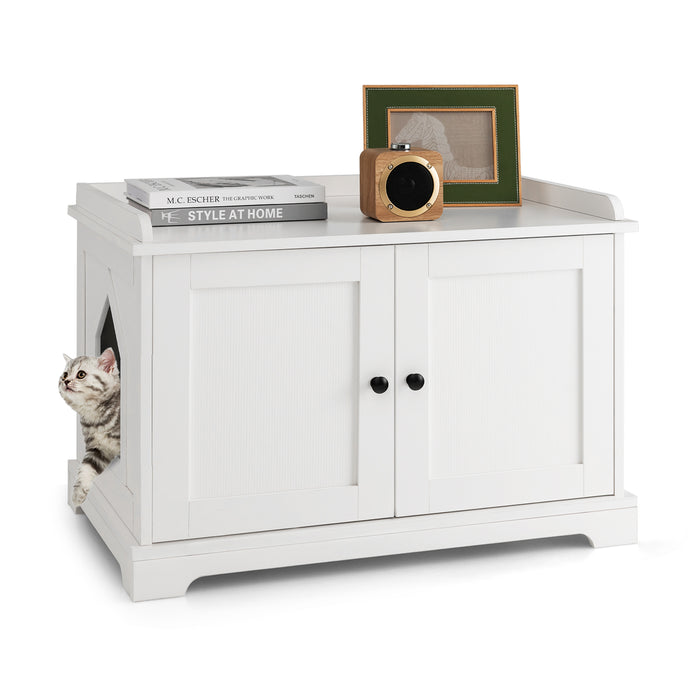 Cat Litter Box Enclosure - White Design with Scratching Pad and Adjustable Divider - Perfect for Cat Privacy and Claw Maintenance