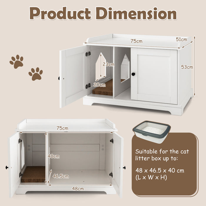 Cat Litter Box Enclosure - White Design with Scratching Pad and Adjustable Divider - Perfect for Cat Privacy and Claw Maintenance