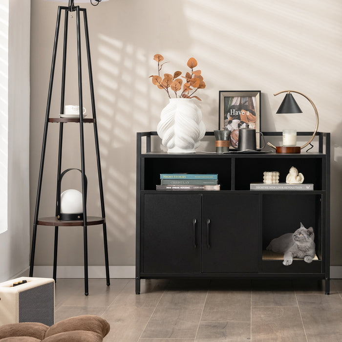 Wooden Cat Litter Box Enclosure - Black Cat Privacy Unit with Compartments and Scratching Board - Ideal for Keeping Kitty Litter Neat and Hidden Away