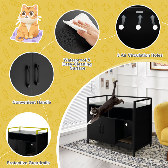 Wooden Cat Litter Box Enclosure - Black Cat Privacy Unit with Compartments and Scratching Board - Ideal for Keeping Kitty Litter Neat and Hidden Away
