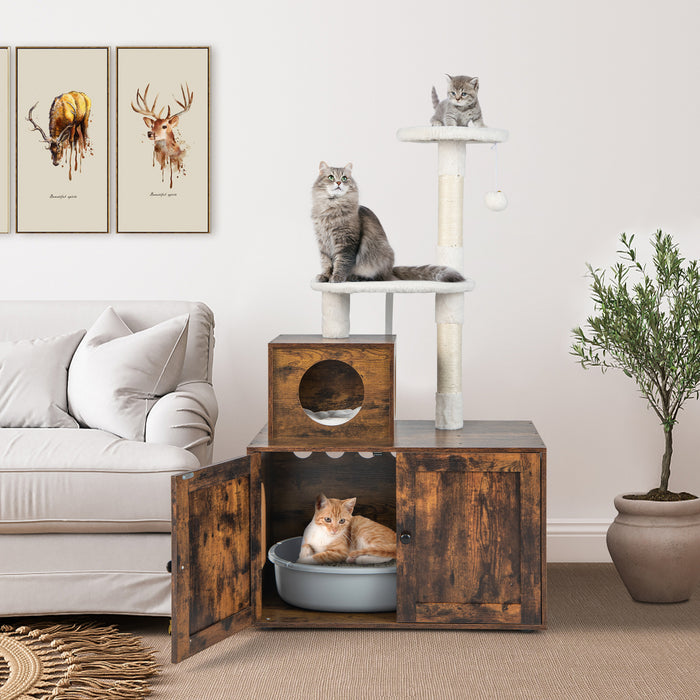 Cat Litter Box Enclosure - Integrated Cat Tree and Kitty Condo in Rustic Brown - Ideal Solution for Privacy-Loving Cats