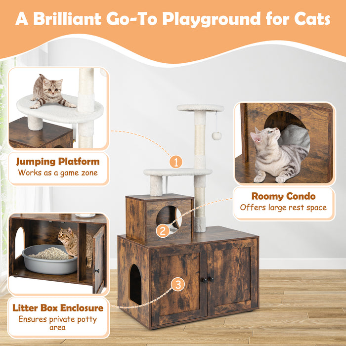 Cat Litter Box Enclosure - Integrated Cat Tree and Kitty Condo in Rustic Brown - Ideal Solution for Privacy-Loving Cats